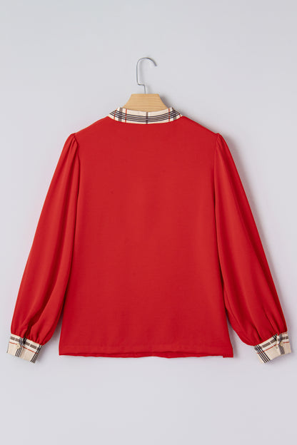 Racing Red Contrast Plaid Patchwork V Neck Long Sleeve Blouse