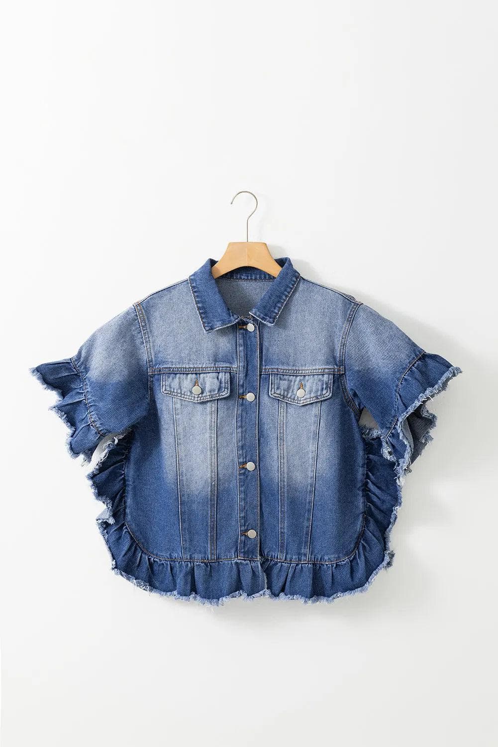 Outerwear/Denim jackets Peacock Blue Raw Edge Ruffled Short Sleeve Denim Jacket