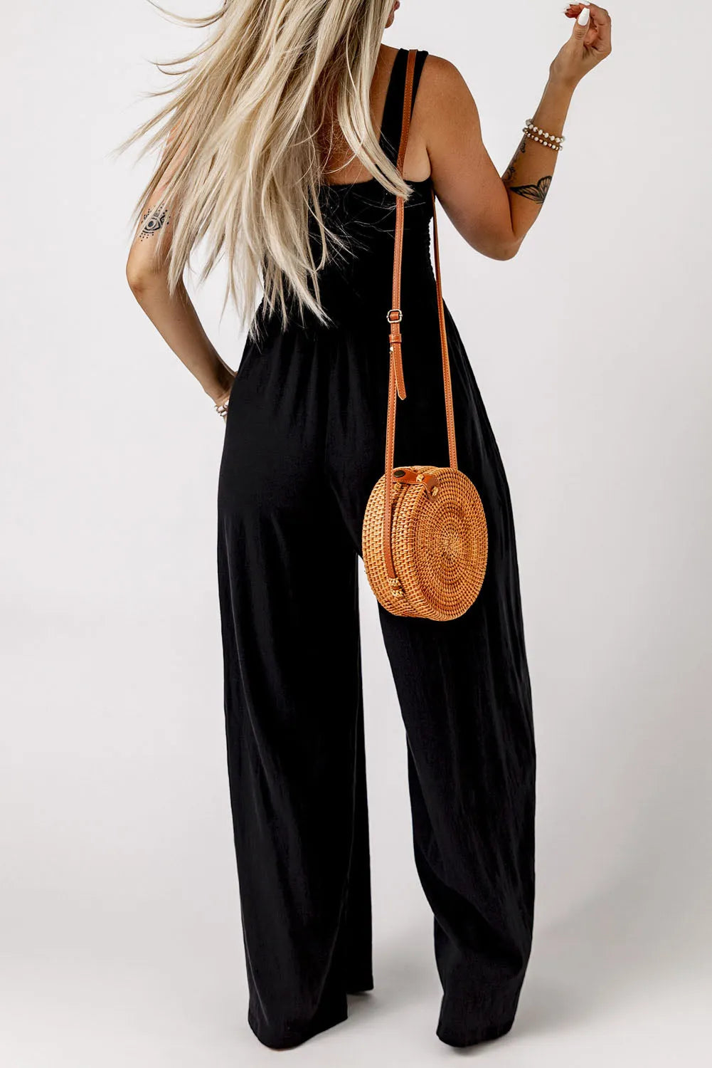 Black Smocked Sleeveless Wide Leg Jumpsuit with Pockets - Chic Meadow Boutique 