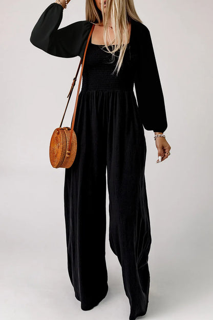 Black Smocked Square Neck Long Sleeve Wide Leg Jumpsuit - Chic Meadow Boutique 