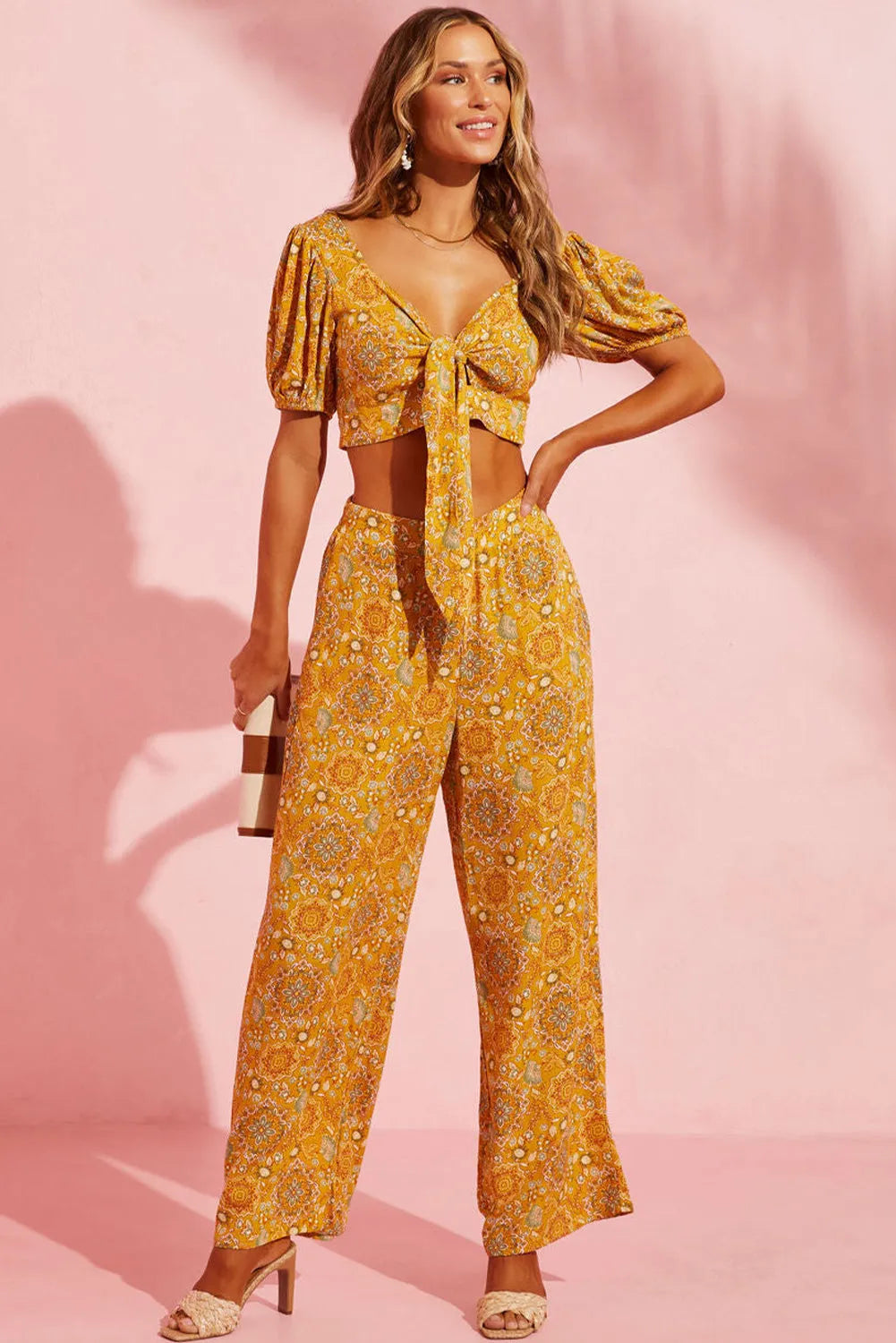 Bottoms/Pants & Culotte Yellow Bohemian Floral Print Pocketed Wide Leg Pants