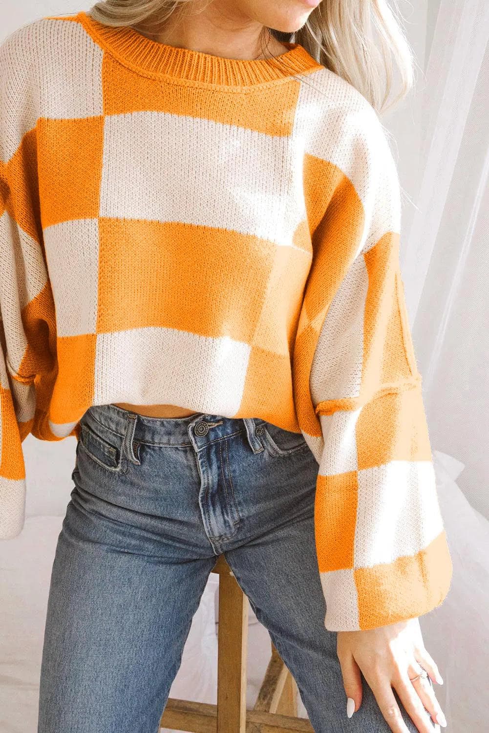 Tops/Sweaters & Cardigans Orange Checkered Bishop Sleeve Sweater