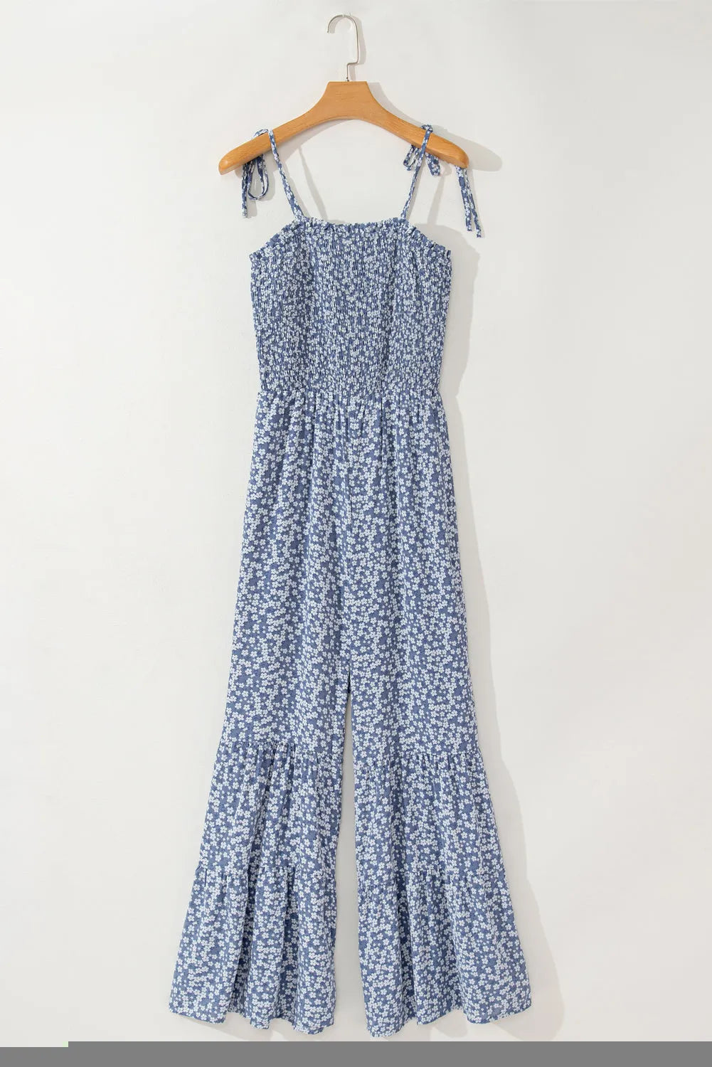 Dusk Blue Thin Straps Smocked Bodice Wide Leg Floral Jumpsuit - Chic Meadow Boutique 