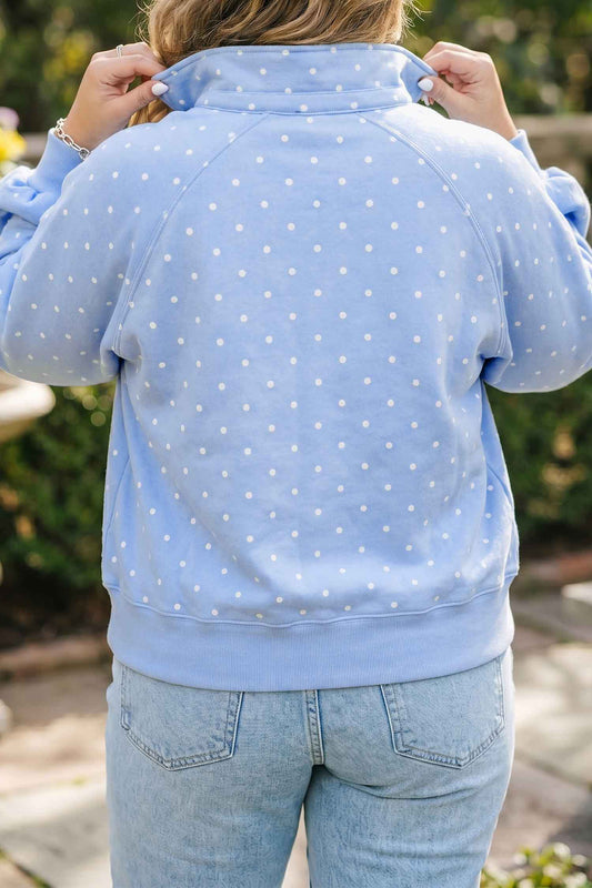 Sky Blue Polka Dot V Neck Metal Button Long Sleeve Shift Plus Size Sweatshirt