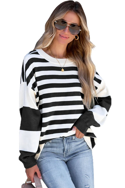 Black Stripe Drop Shoulder Striped Pullover Sweatshirt - Chic Meadow Boutique 