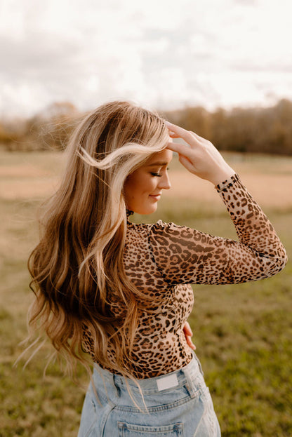 Brown Leopard Smocked Neck Mesh Long Sleeve Bodysuit