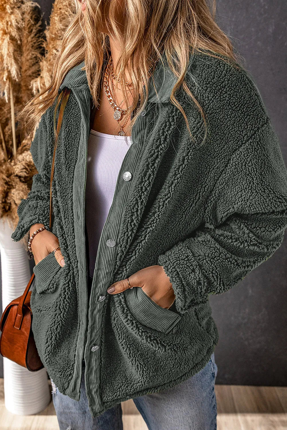 Gray Corduroy Trim Elbow Patch Sherpa Jacket - Chic Meadow Boutique 