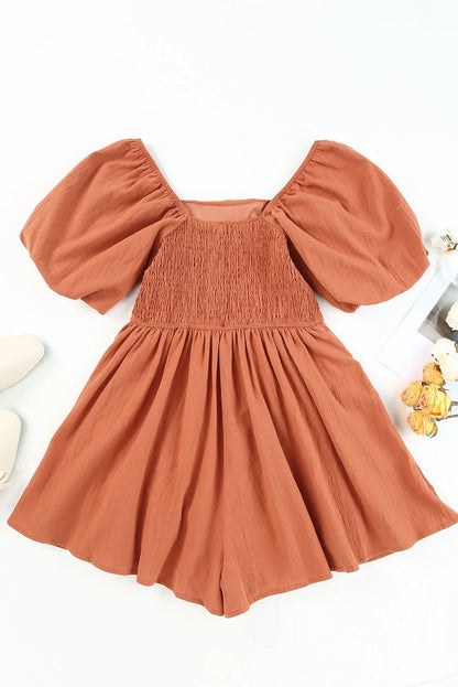 Brown Square Neck Ruched Puff Sleeve Romper - Chic Meadow Boutique 