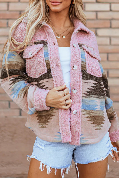 Pink Western Aztec Print Sherpa Splicing Buttoned Flap Pocket Coat - Chic Meadow Boutique 