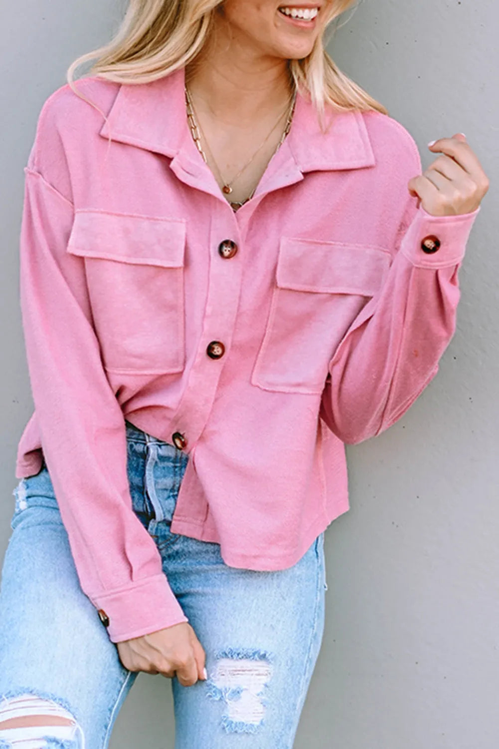 Pink Turn-Down Collar Pockets Shirt Jacket - Chic Meadow Boutique 