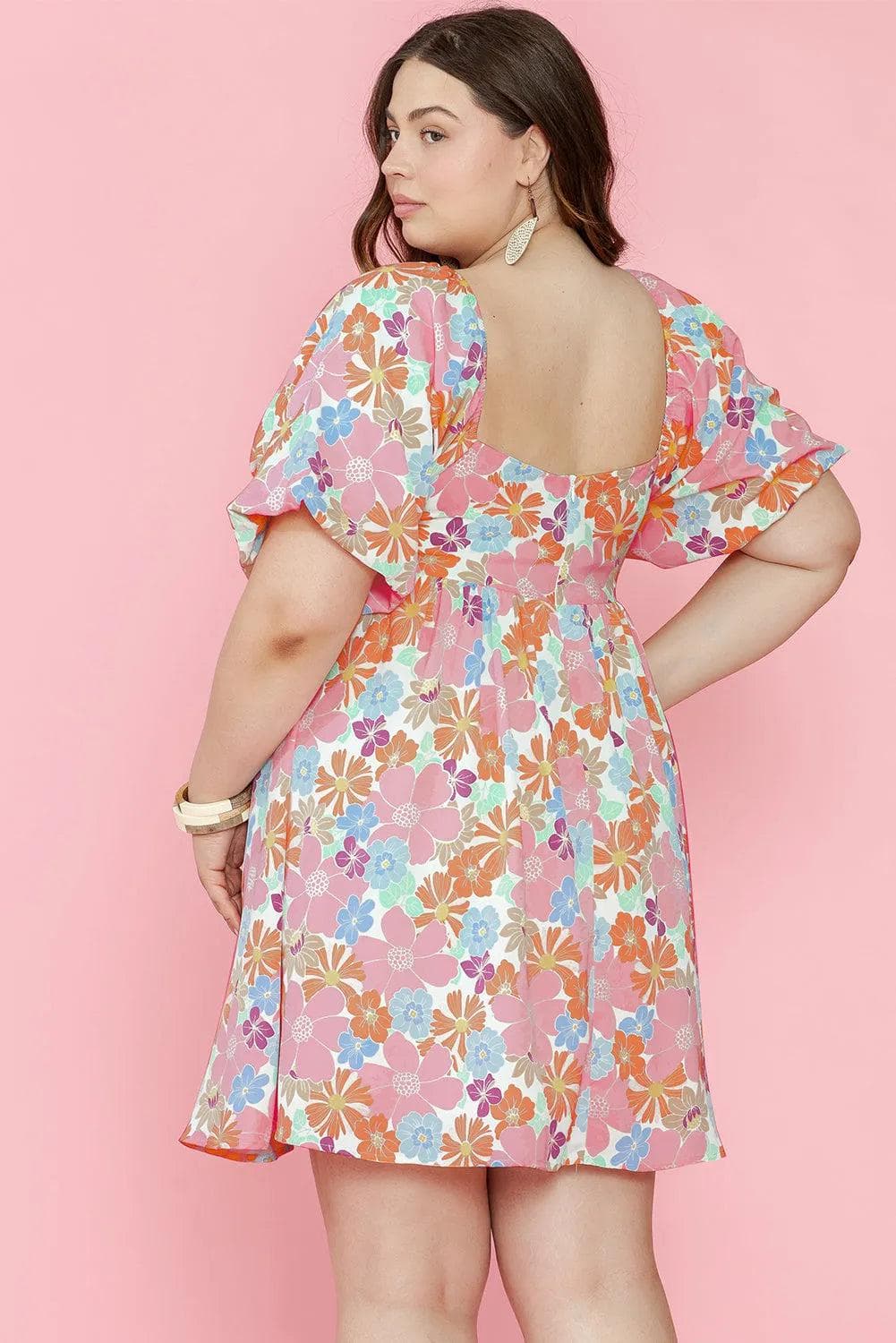 Plus Size/Plus Size Dresses/Plus Size Mini Dresses Multicolour Floral Puff Sleeve Square Neck Plus Babydoll Dress