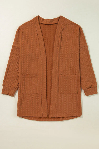 Chestnut Textured Knit Side Pockets Open Front Cardigan - Chic Meadow Boutique 