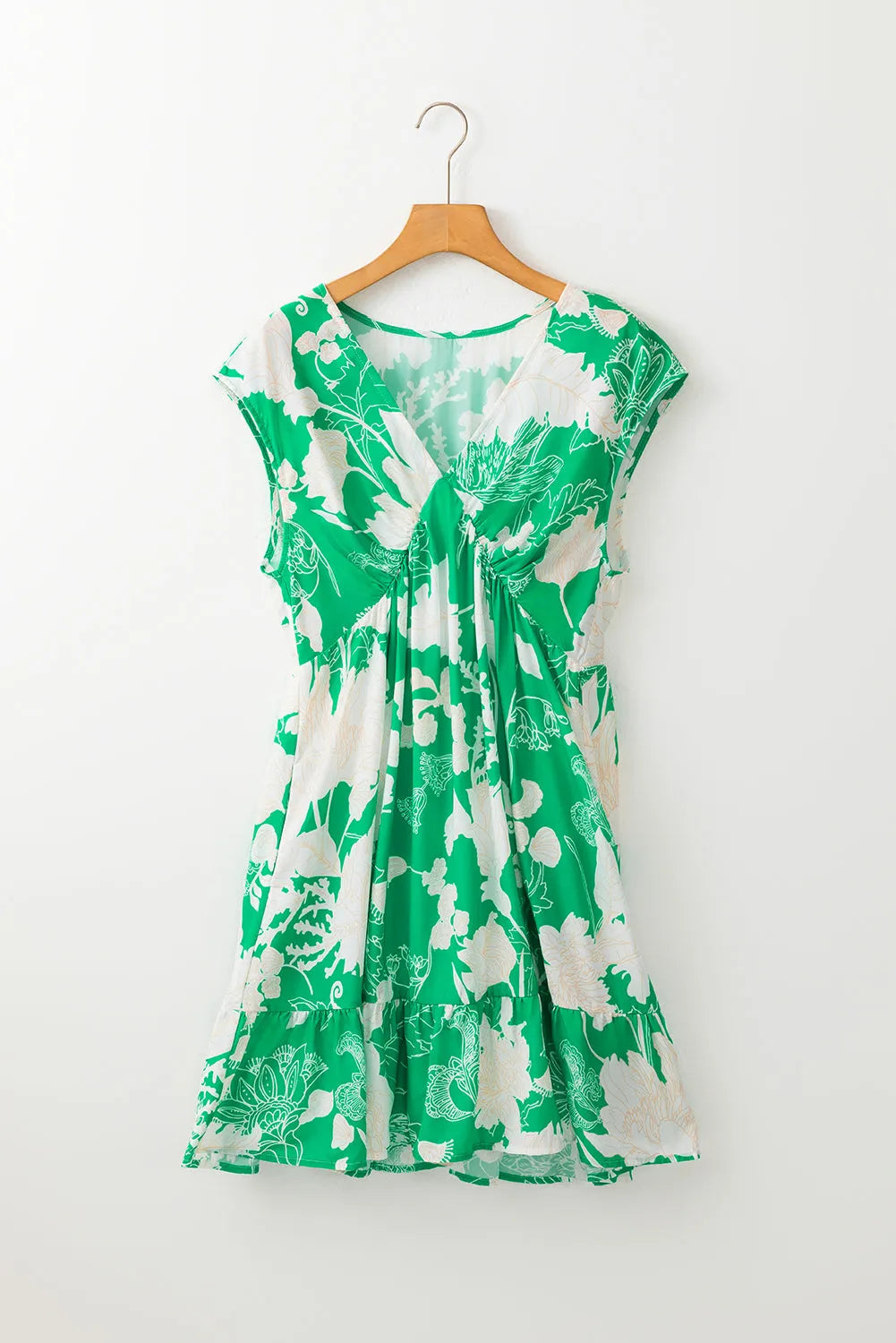 Green Floral Sleeveless V Neck Ruffled Hem Mini Dress - Chic Meadow Boutique 