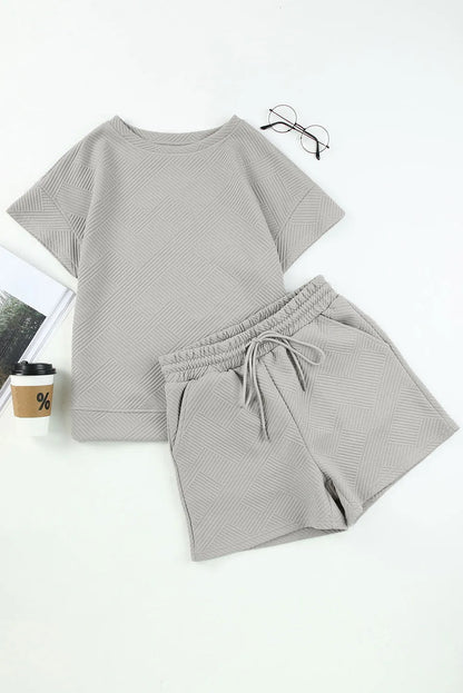 Two Piece Sets/Short Sets Gray 2pcs Solid Textured Drawstring Shorts Set