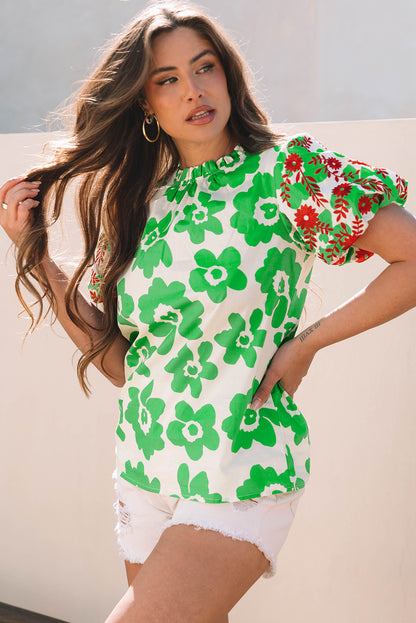 Green Contrast Embroidered Puff Short Sleeve Floral Blouse