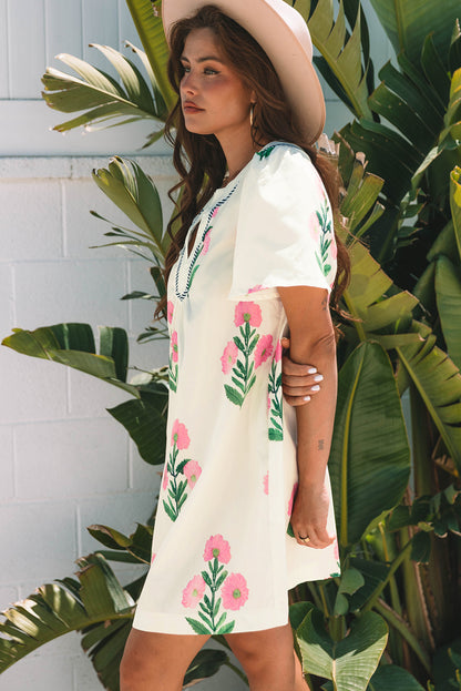 Apricot Floral Short Sleeve Split Neck Loose Mini Dress