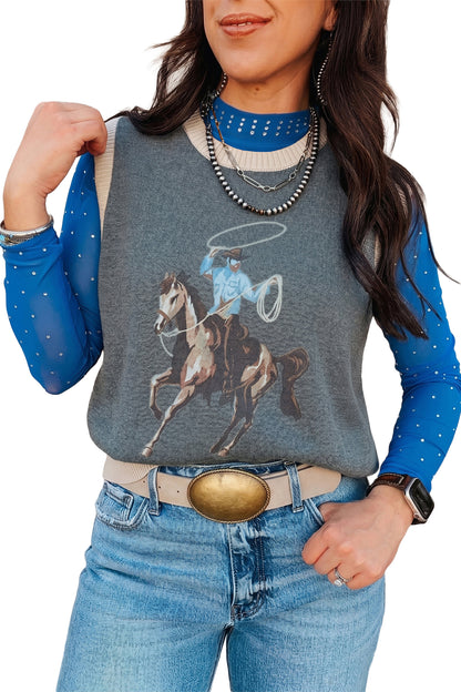 Gray Western Print Colorblock Trim Sleeveless Knitwear Vest