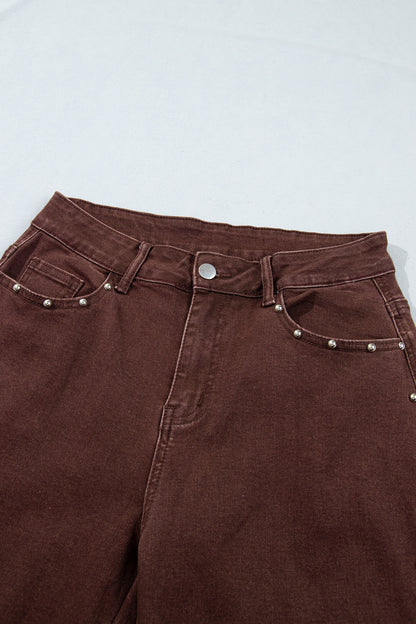 Coffee Side Seam Rivet Detail Ankle Length Casual Jeans