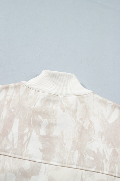 Khaki Camouflage Print Quarter-Zip Drop Shoulder Long Sleeve Sweatshirt