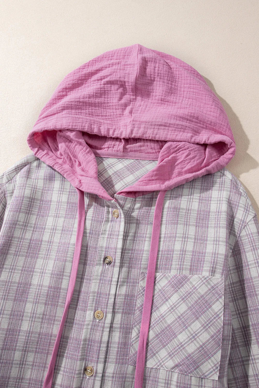 Outerwear/Plaid Shackets Pink Checkered Print Loose Fit Buttoned Hooded Shacket