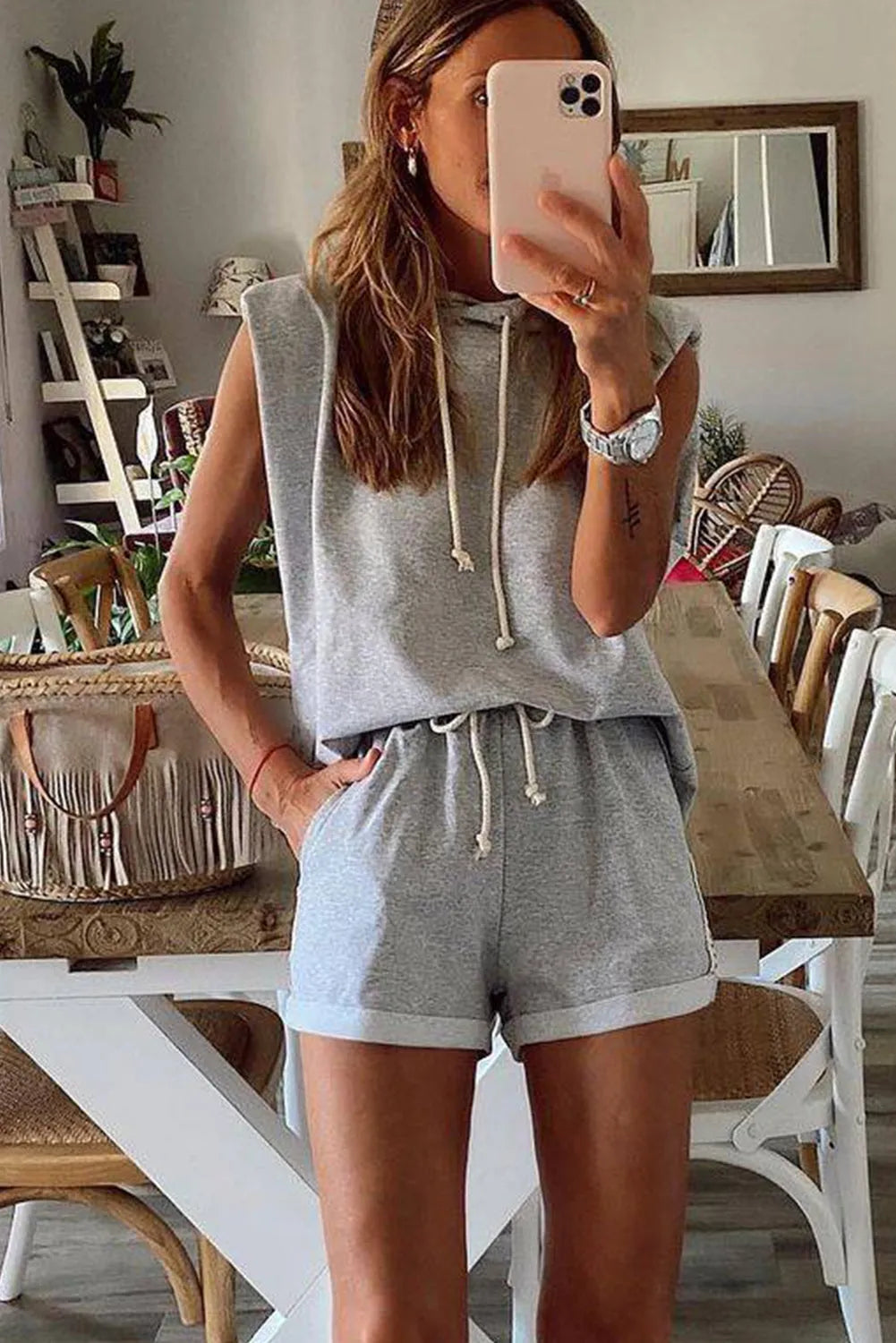 Gray Drawstring Sleeveless Hoodie and Shorts Set - Chic Meadow Boutique 