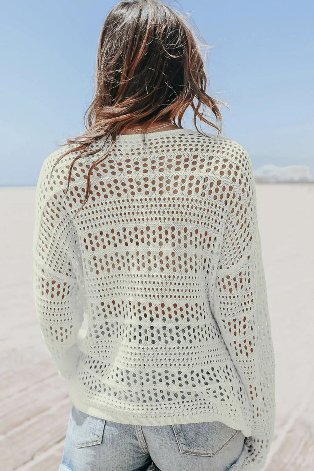 Swimwear/Beach Cover-ups White Hollow Out Crochet V Neck Pullover Sweater