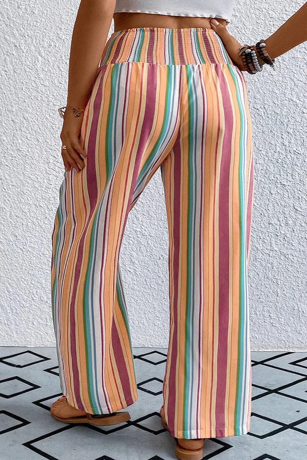 Plus Size/Plus Size Bottoms Orange Stripe Plus Size Boho Smocked Waist Loose Pants