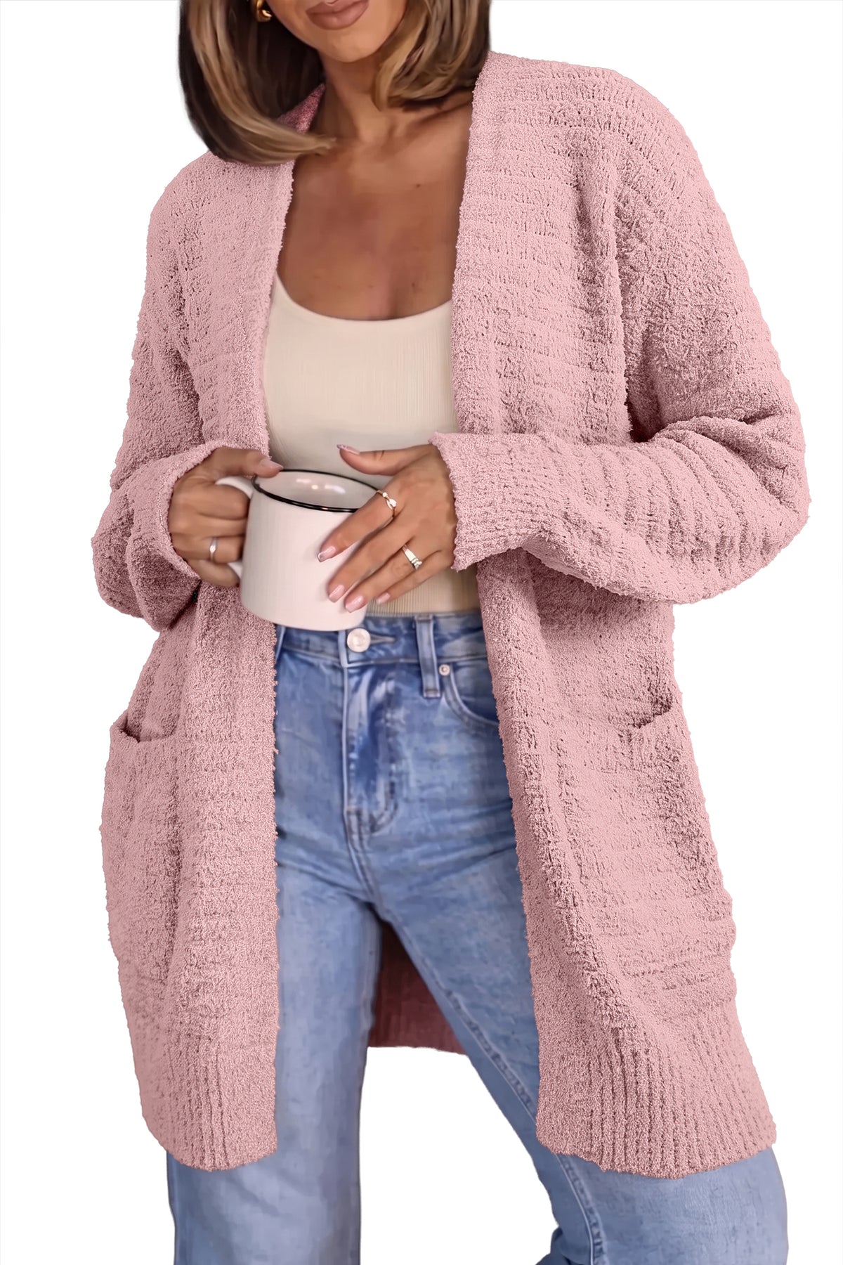 Light Pink Open Front Soft Fuzzy Ribbed Sweater Cardigan