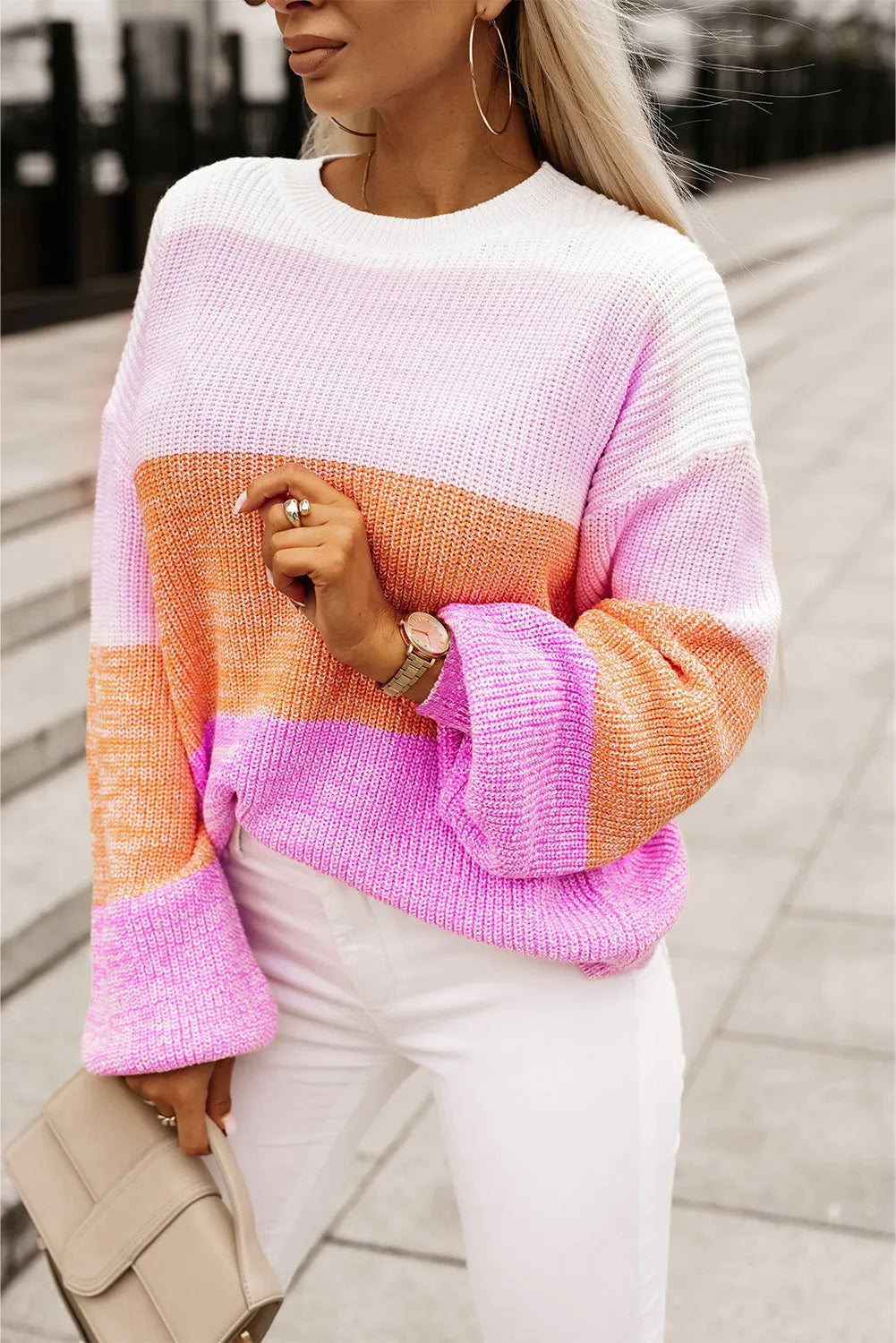 Pink Colorblock Drop Shoulder Pullover Loose Sweater - Chic Meadow Boutique 