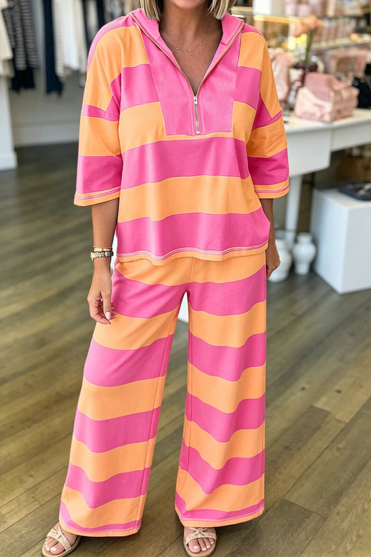 Orange Stripe Colorblock Half Sleeve Top Casual Loose Pants 2pcs Set