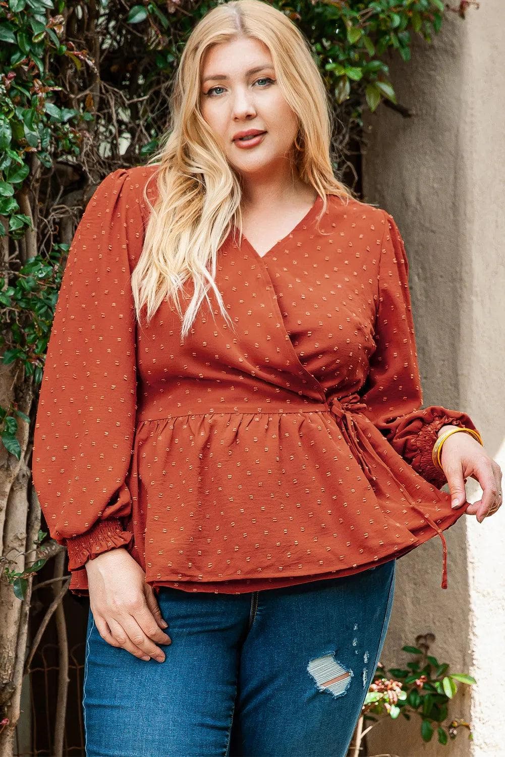 Plus Size/Plus Size Tops/Plus Size Blouses & Shirts Gold Flame Plus Size Swiss Dot V Neck Wrap Tie Side Blouse