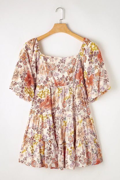 Khaki Floral Short Sleeve Square Neck Mini Dress - Chic Meadow Boutique 