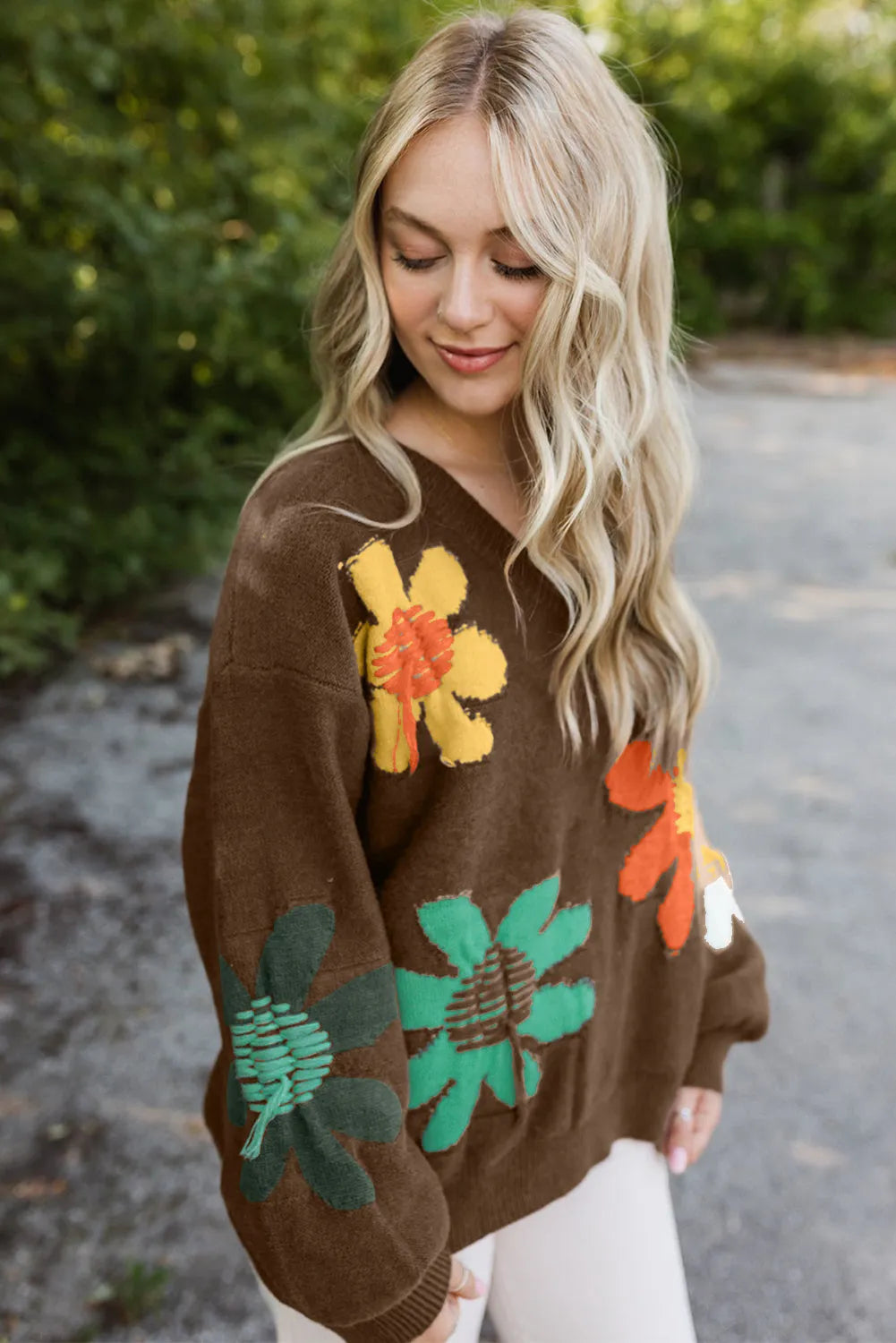 Coffee Big Flower Pattern V Neck Drop Shoulder Sweater - Chic Meadow Boutique 