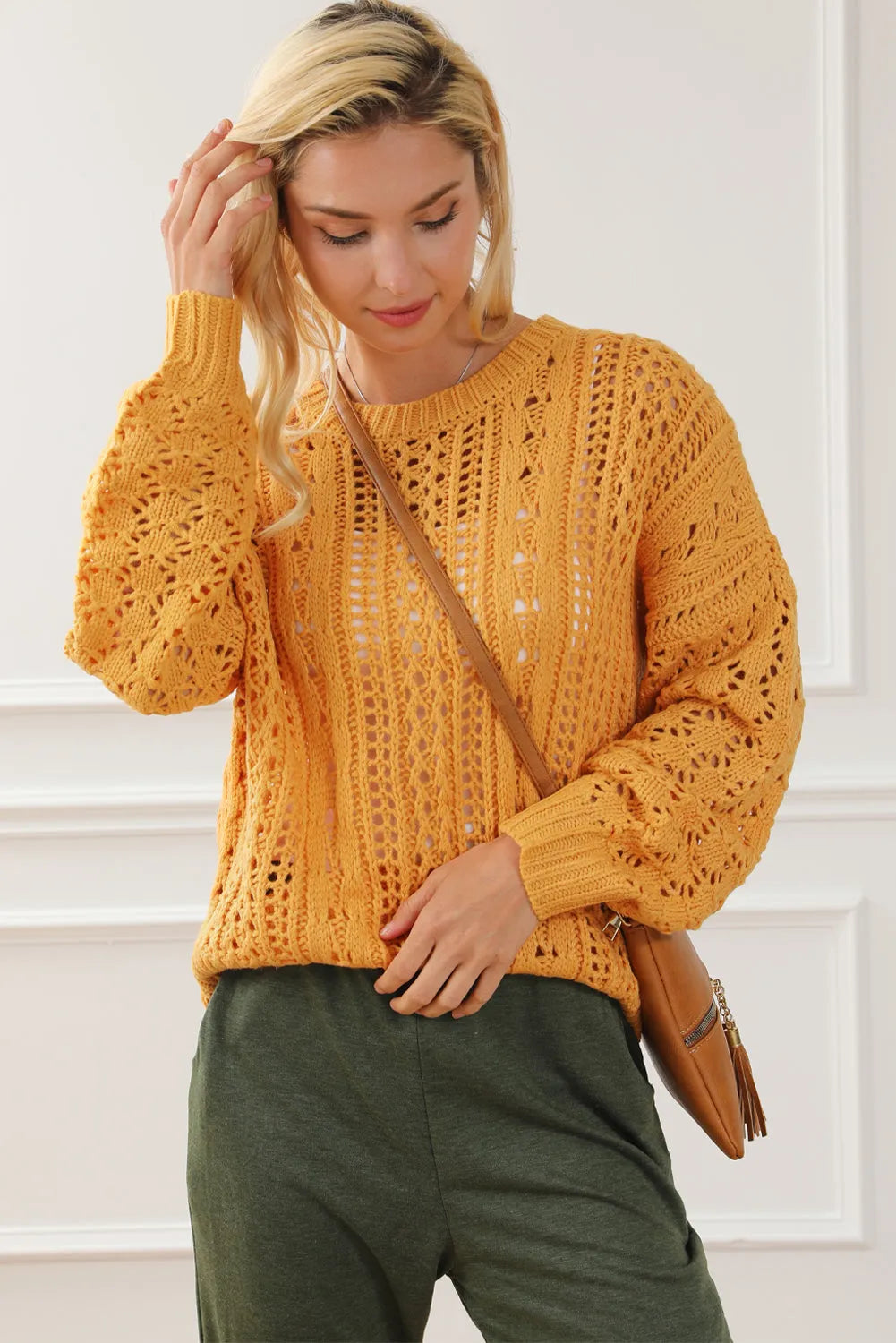 Ginger Cable Knit Hollow Out Drop Shoulder Sweater - Chic Meadow Boutique 