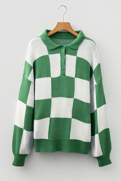 Mist Green Checkered Pattern Polo Collar Loose Sweater