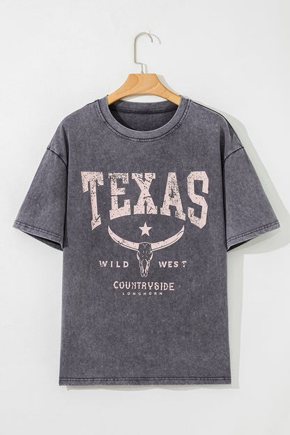 Medium Grey TEXAS Steer Head Graphic Mineral Wash Oversized T Shirt