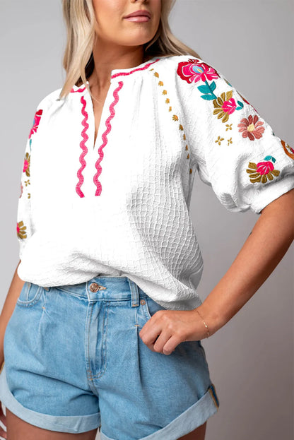 White Floral Embroidered Ricrac Puff Sleeve Textured Blouse - Chic Meadow Boutique 