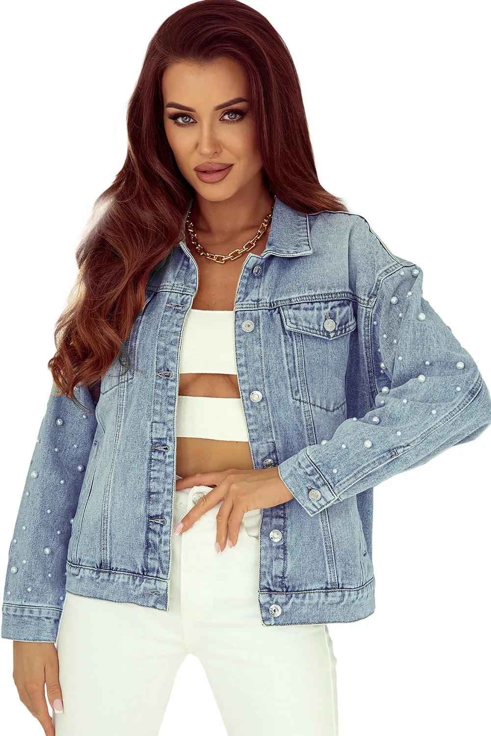 Sky Blue Pearl Beaded Chest Pockets Buttoned Denim Jacket - Chic Meadow Boutique 