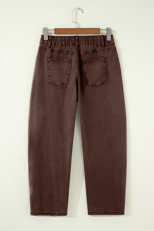 Coffee Solid Color Square Patch Pocket Ankle-length Barrel Jeans