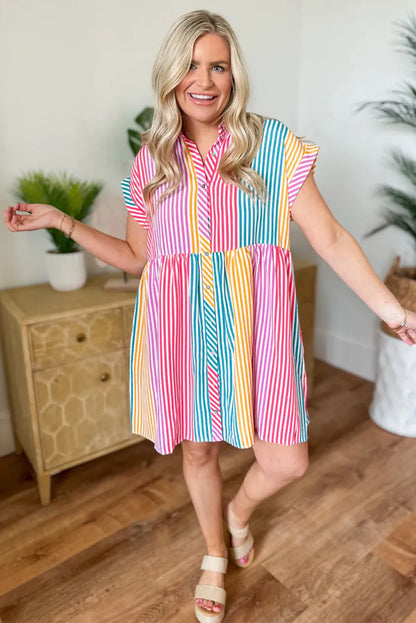 Multicolour Colorblock Striped Short Sleeve Buttoned Shirt Dress - Chic Meadow Boutique 