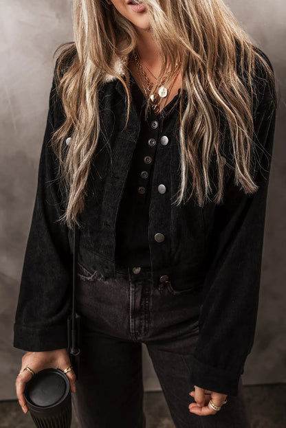 Black Fleece Lined Button-up Collared Corduroy Crop Jacket - Chic Meadow Boutique 