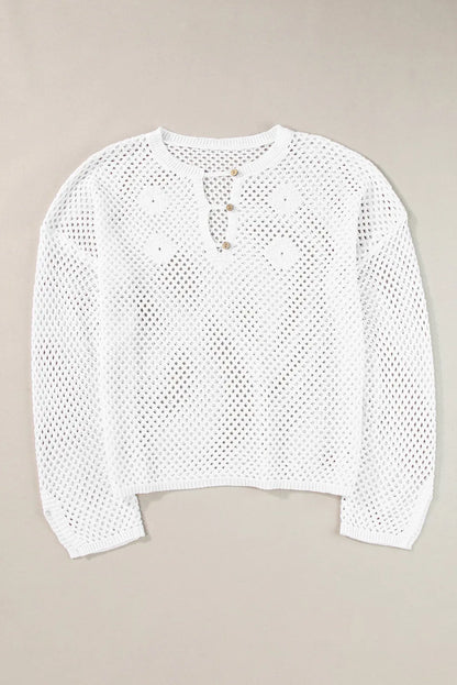 White Open Knit Buttoned Neck Split Sleeve Sweater - Chic Meadow Boutique 