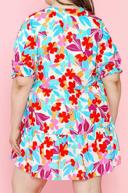 Plus Size/Plus Size Dresses/Plus Size Mini Dresses Multicolour Floral Tiered V Neck Plus Dress