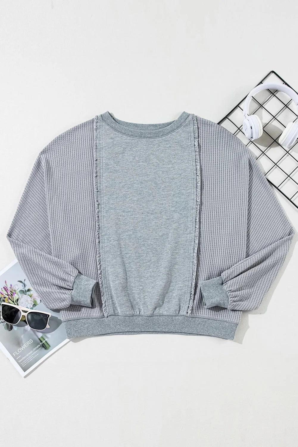 Light Grey Waffle Patchwork Long Sleeve Raw Hem Pullover Top - Chic Meadow Boutique 