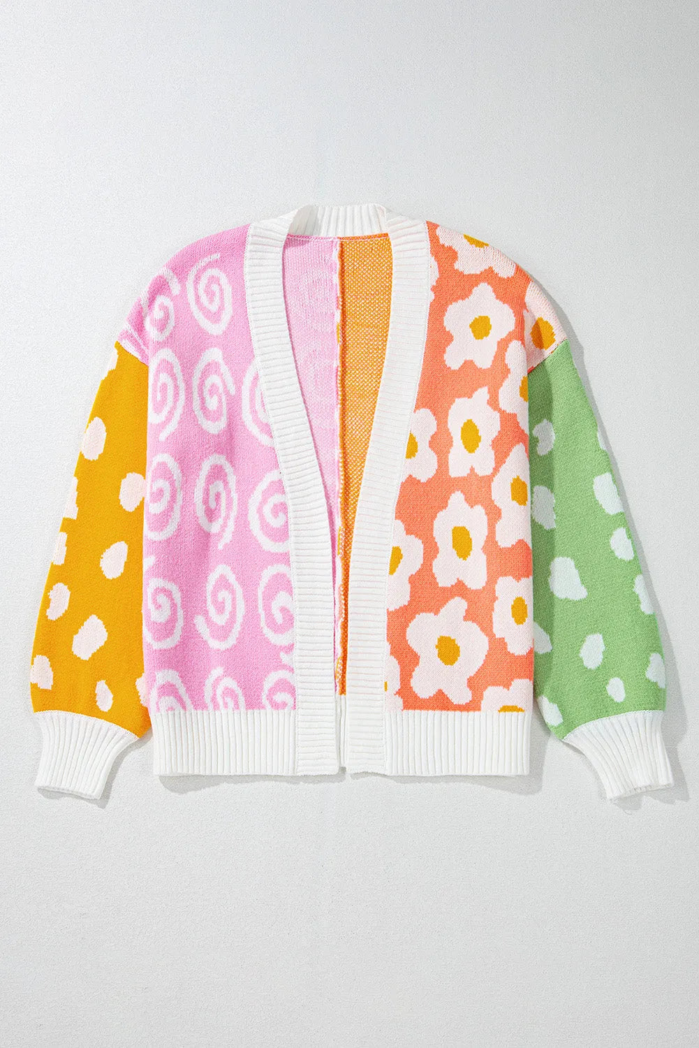 Orange Flower & Dotted Mixed Print Colorblock Open Front Cardigan - Chic Meadow Boutique 