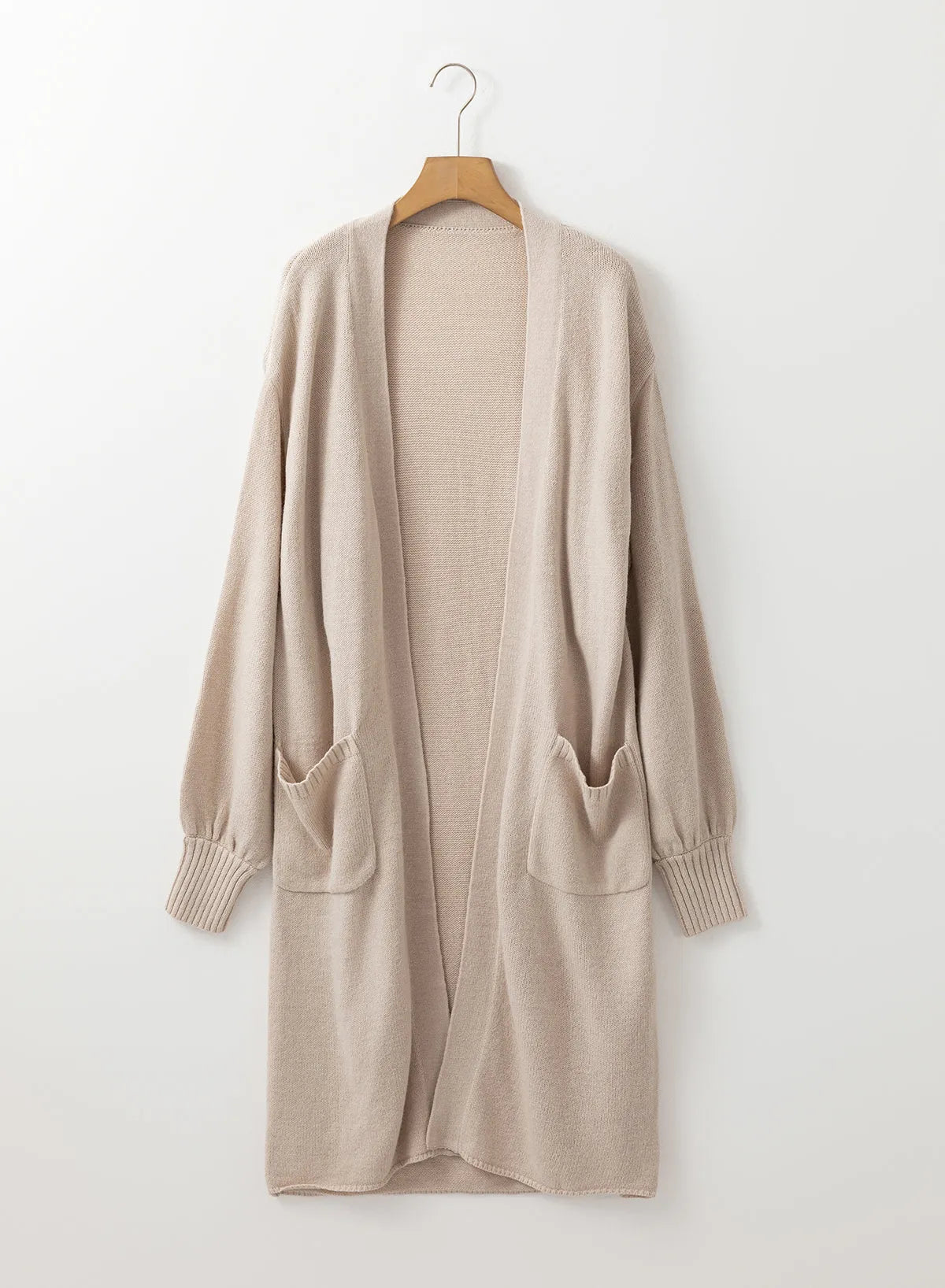 Beige Side Pockets Open Front Long Knitted Cardigan - Chic Meadow Boutique 