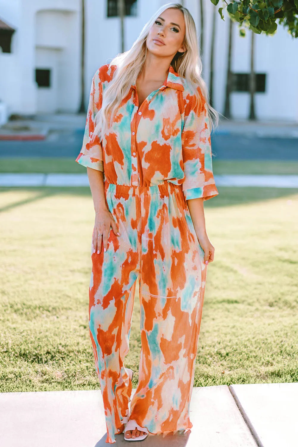 Multicolor Bohemian Tie Dye Pleated Shirt Collar Loose Jumpsuit - Chic Meadow Boutique 