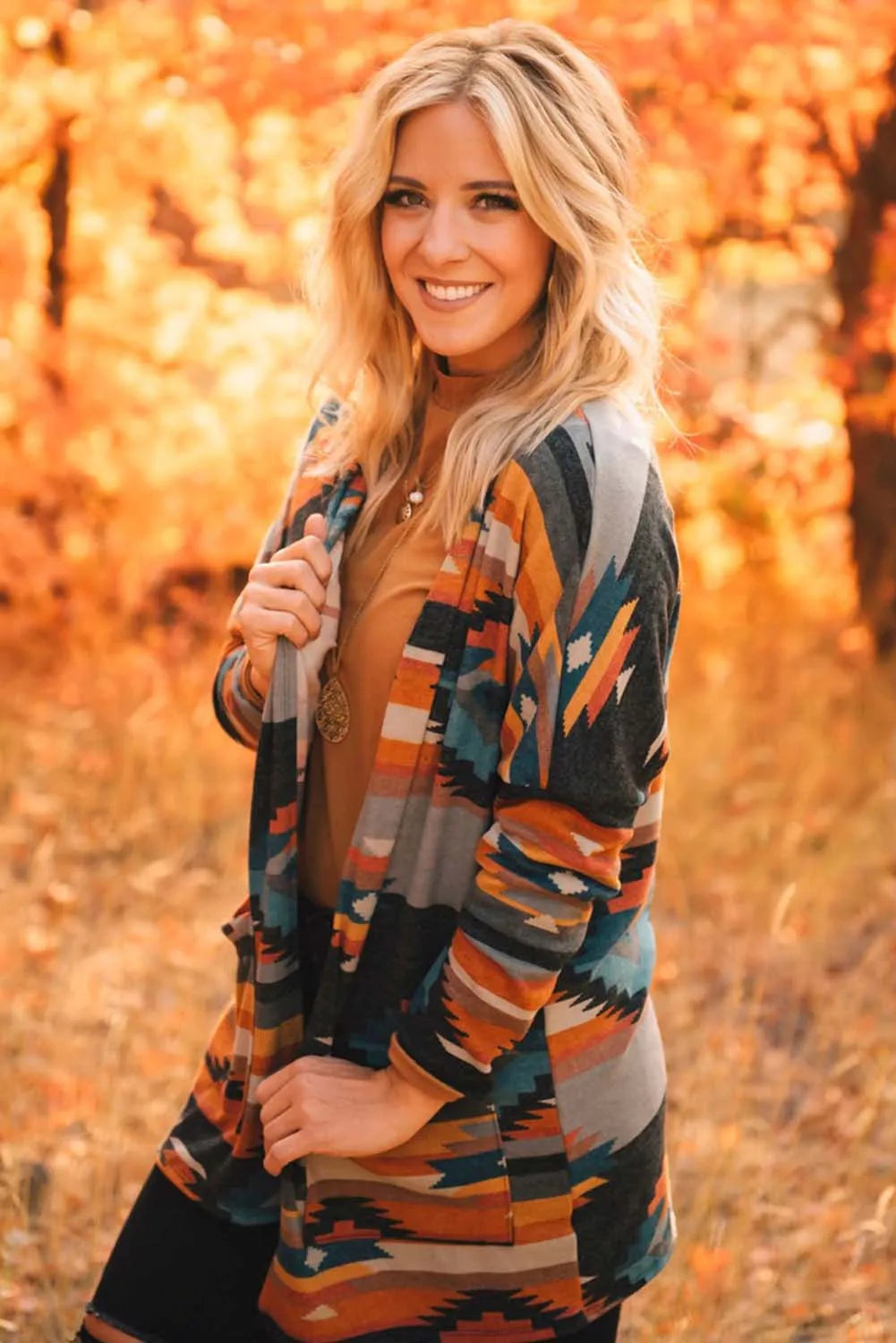 Orange Western Tribal Aztec Print Cardigan - Chic Meadow Boutique 