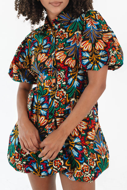 Multicolour Floral Puff Short Sleeve Shirt Mini Dress