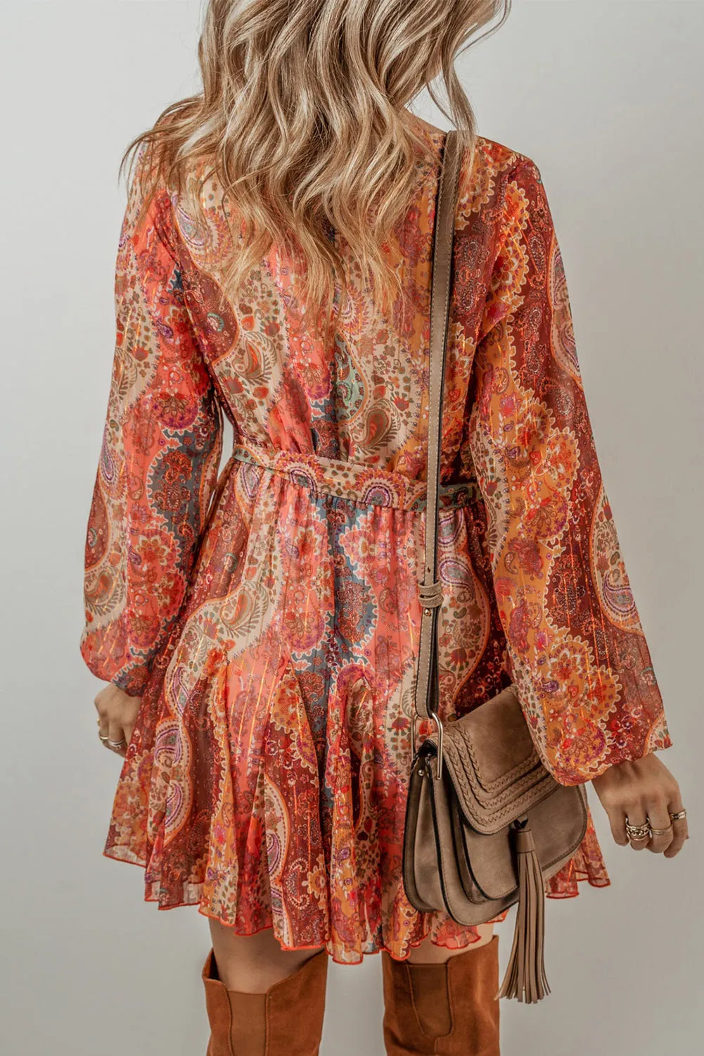 Orange Boho Paisley Print Long Sleeve Pleated Belted Mini Dress - Chic Meadow Boutique 